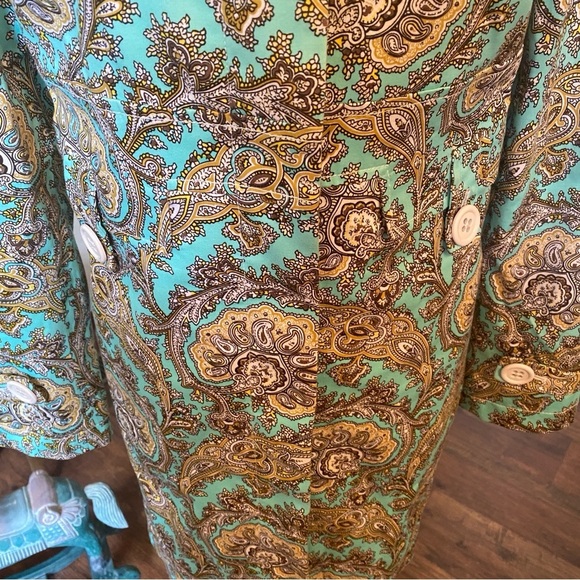 ETCETERA • Aqua Gold Paisley Button Front Long Jacket Coat • Size 8 - Picture 3 of 11